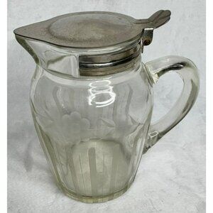 VTG Glass Syrup Pitcher With Metal Lid Etched Floral Design Marked E & JB 1916